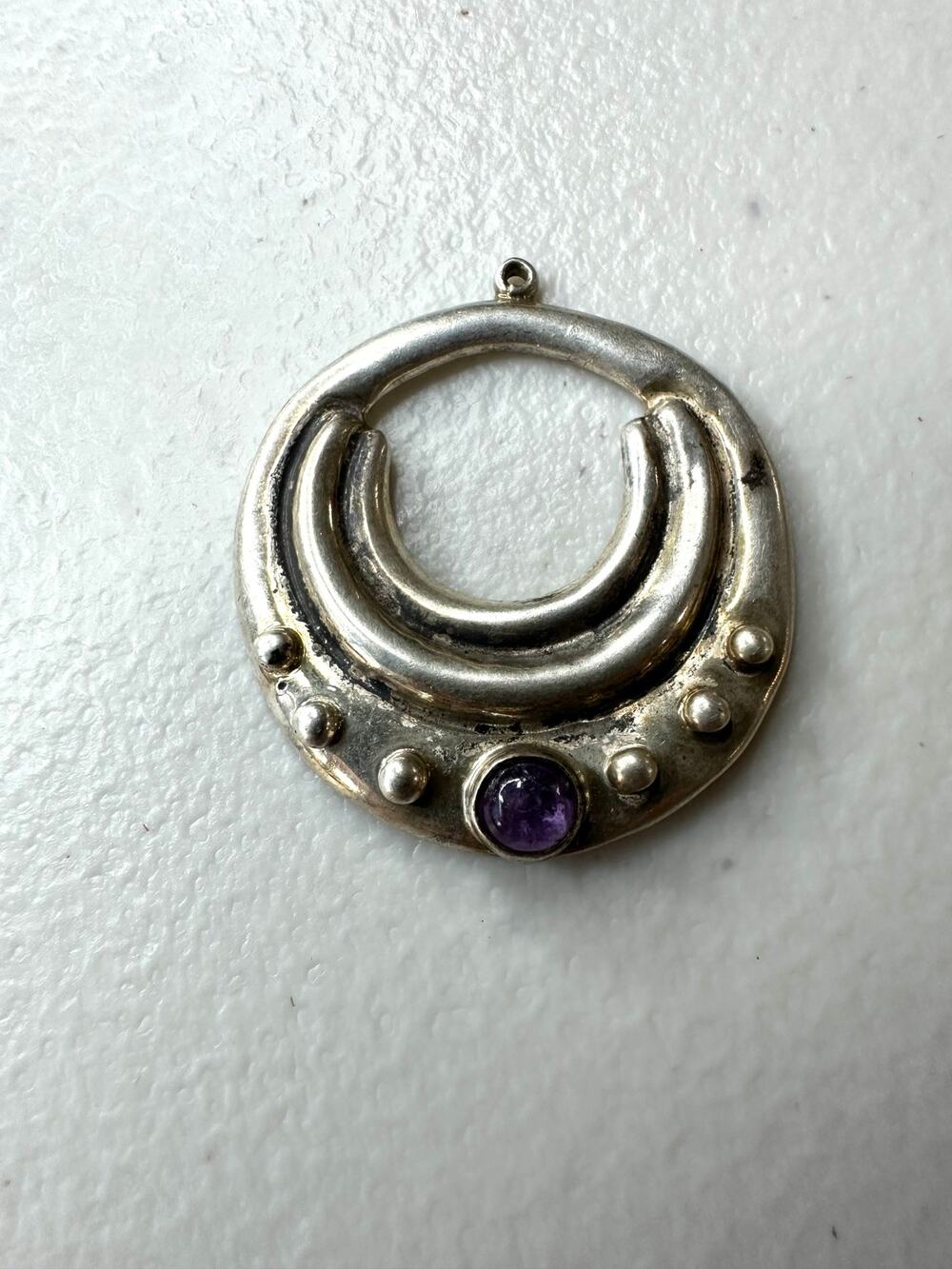 Vtg 925 Sterling Silver Amethyst Modernist Pendant Open Hoop Crescent Beaded